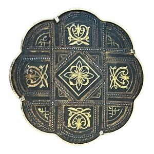 VTG Damascene Scalloped Brooch Pin Black Gold MCM 1.5" Flower Swirls Metal